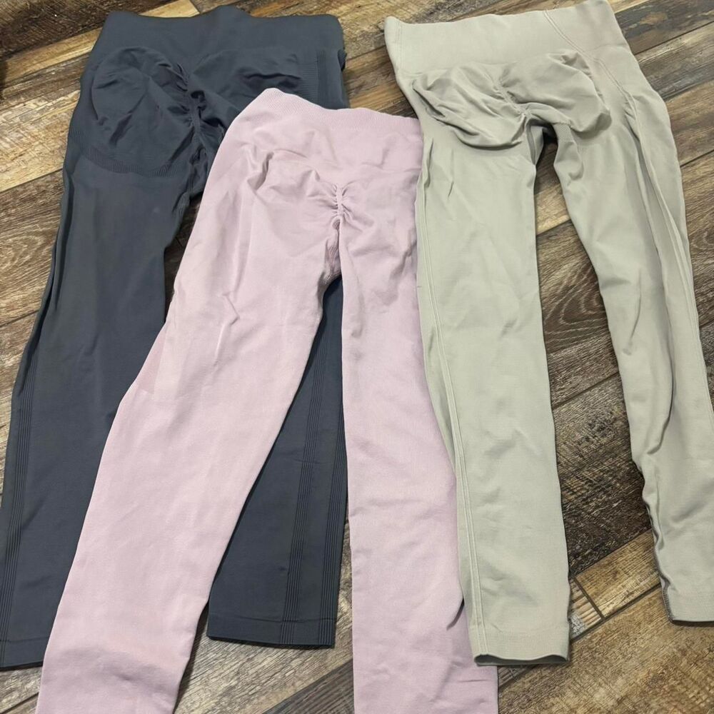 BUNDLE of 3 Shein Activewear Athletic Grey Tan Pink Small Women's Leggings B1